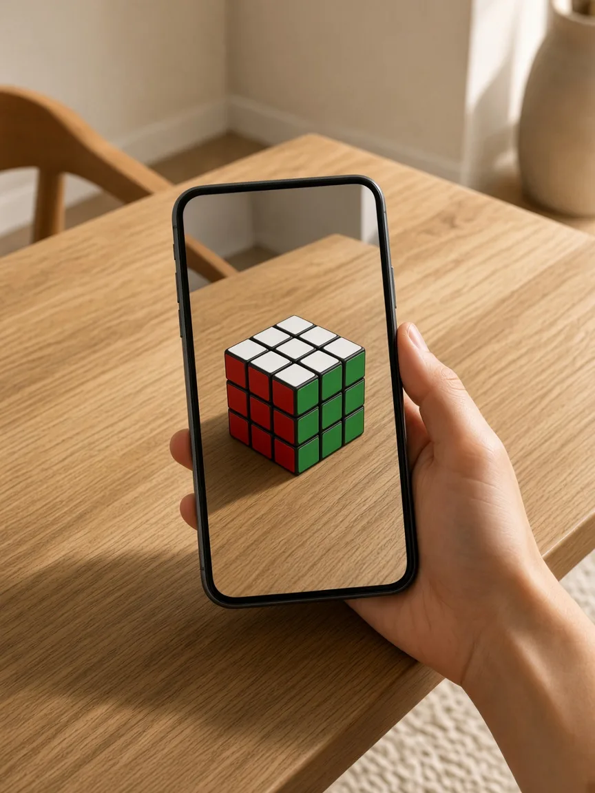 A phone over an oak table: the Rubik’s cube stands in frame as an ordinary cube, not a stretched tower